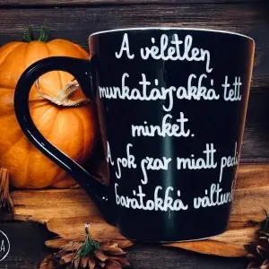 Munkahelyi barátság bögre (fekete) (A véletlen munkatársakká tett minket. A sok szar miatt pedig barátokká váltunk.